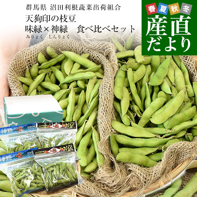 群馬県 沼田利根蔬菜出荷組合 天狗印の枝豆 味緑・神緑セット（みりょく・しんりょく）1キロ (250g×4袋入り) 青豆 茶豆風味　送料無料 えだまめ てんぐえだまめ｜産直だより