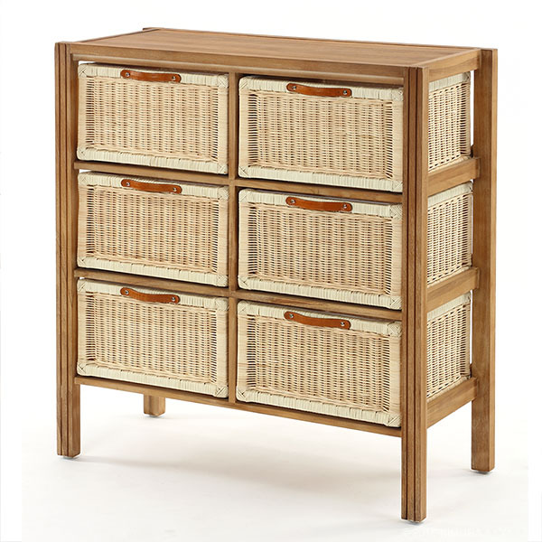 ラタンランドリー タンス チェスト3段 収納 籐 天然木 チーク材 無垢