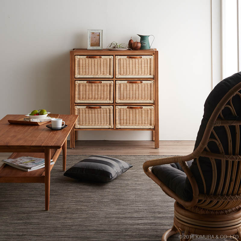 ラタンランドリー タンス チェスト3段 収納 籐 天然木 チーク材 無垢