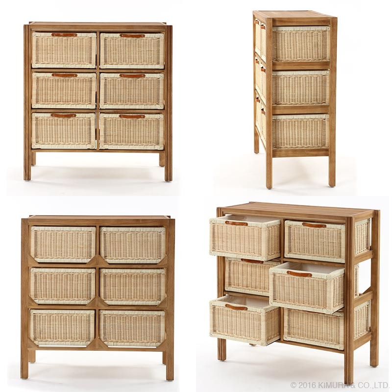 ラタンランドリー タンス チェスト3段 収納 籐 天然木 チーク材 無垢