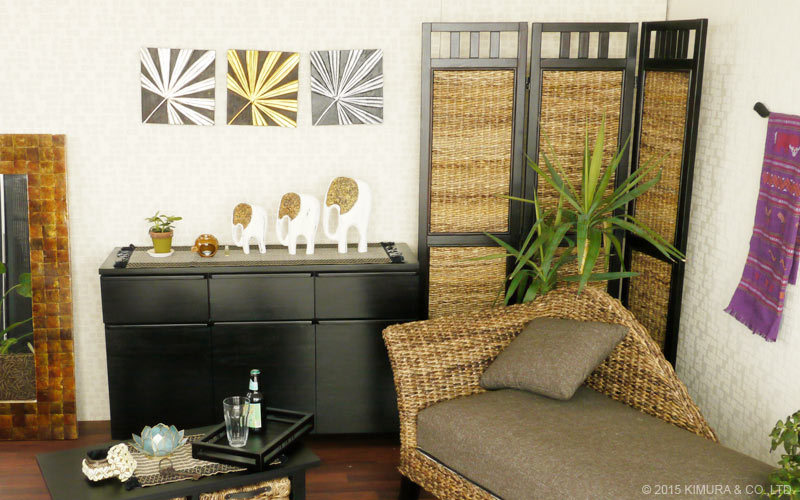 美品　和モダン　衝立　バナナリーフ　木製　3連パーテーション　ラタン 美品 和モダン 衝立 バナナリーフ 木製 3連パーテーション ラタン