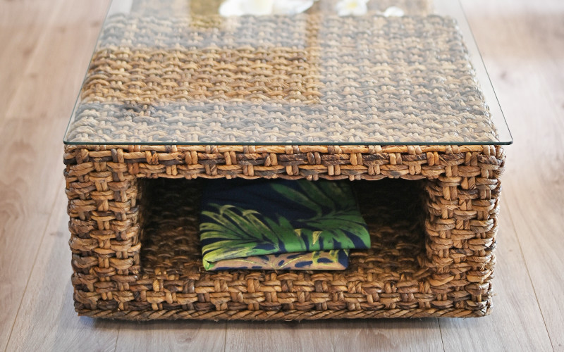 リビングテーブル ガラステーブル おしゃれ バナナリーフ ラタン 籐