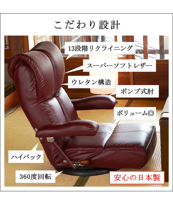 座椅子 回転 日本製 国産 木肘 肘付 段階リクライニング ヘッド