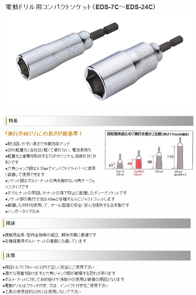 トップ工業(TOP) コンパクトソケット/呼び寸法15mm/電動ドリル