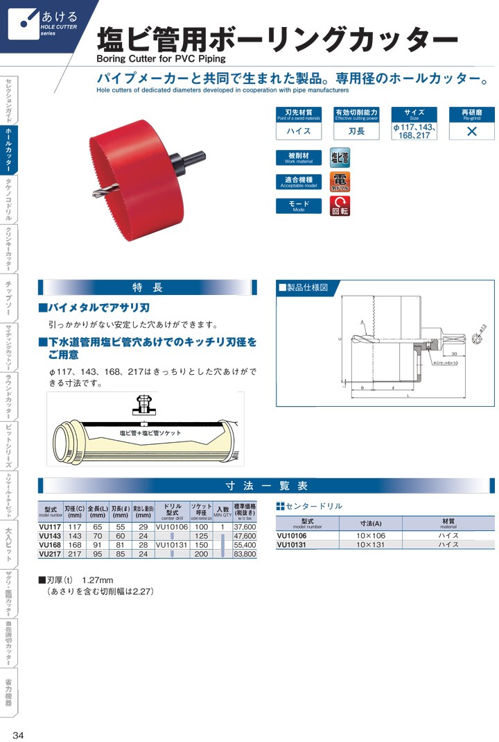 大見工業/OMI 塩ビ管用ボーリングカッター VU168 Bowling cutter for