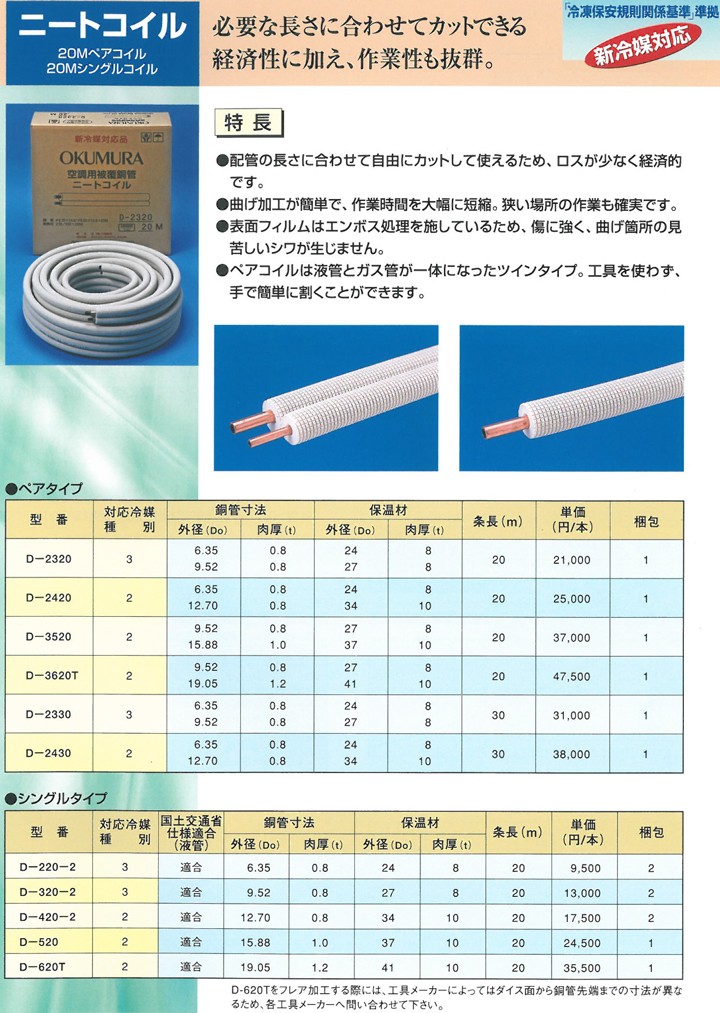 送料無料 冷媒管ペアコイル 2分3分（6.35mm×9.52mm） 20m巻 D-2320 新