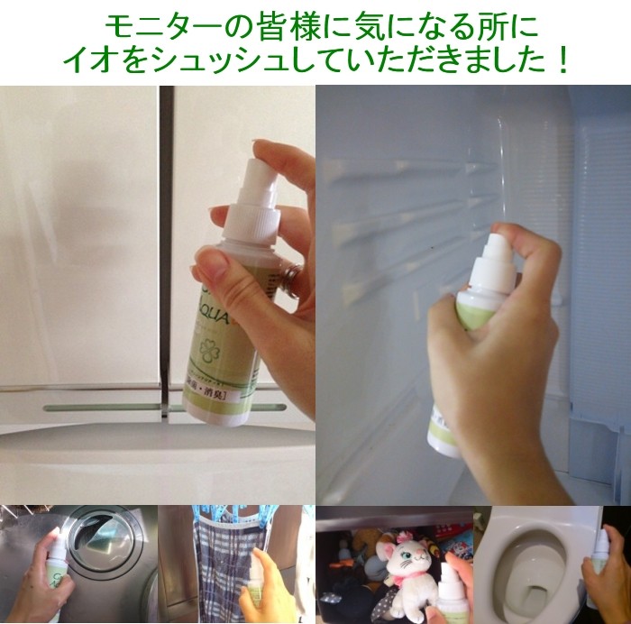 除菌・消臭のグリーンアクアをモニターの皆様に気になる所にシュッシュしていただきました!使用例(冷蔵庫、シンク、洗濯物、人形、トイレ)