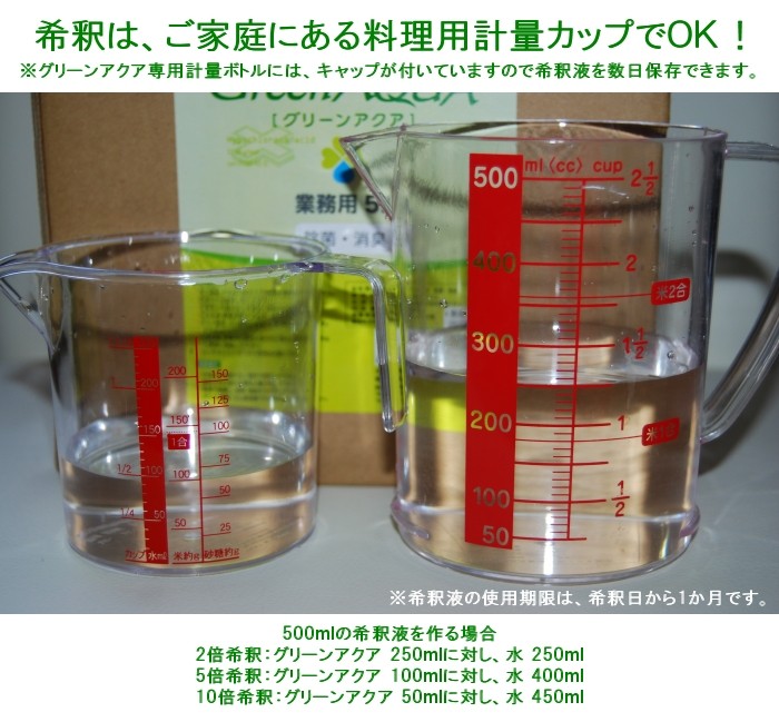 除菌・消臭のグリーンアクア希釈はご家庭にある料理用計量カップでOK!※グリーンアクア専用計量ボトルにはキャップが付いていますので希釈液を数日保存できます。500mlのグリーンアクア希釈液を作る場合、2倍希釈では除菌・消臭のグリーンアクア250mlに対し、水を250mlを入れます。5倍希釈では除菌・消臭のグリーンアクア100mlに対し、水を400mlを入れます。10倍希釈では除菌・消臭のグリーンアクア50mlに対し、水を450mlを入れます。