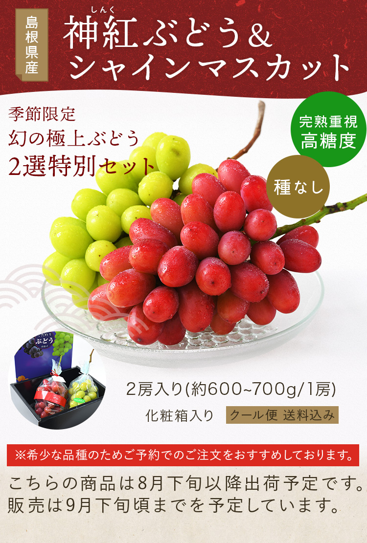 ⑨【島根県産】神紅(しんく)ぶどう 約2キロ 5〜3房(L〜3L)サイズお任せ ⑨【島根県産】神紅(しんく)ぶどう 約2キロ 5〜3房(L〜3L)サイズ