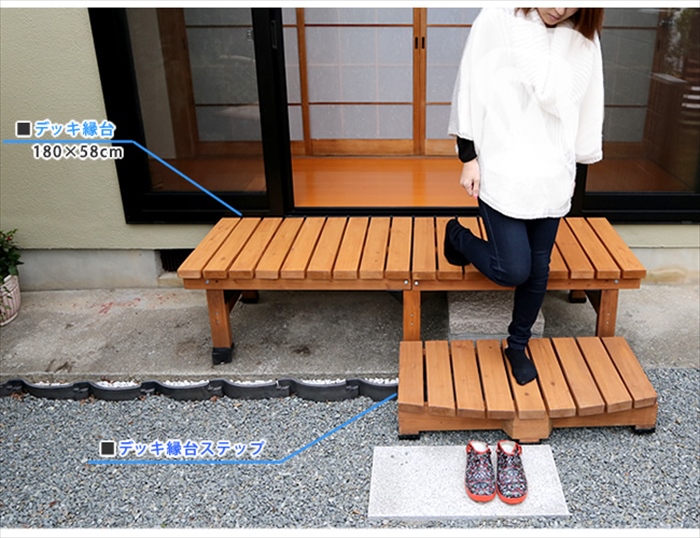 値下げ デッキ縁台180×58 3点セット ライトブラウン ウッドデッキ風 簡単 縁側 本格的 DIY 木製 天然木 庭 ベランダ M5-MGKSMI00029LBRの画像