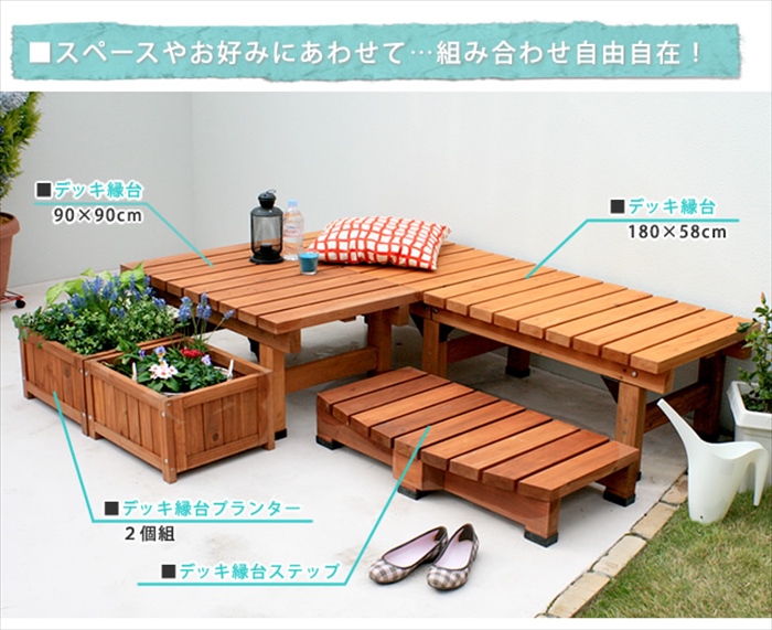値下げ デッキ縁台180×58 3点セット ライトブラウン ウッドデッキ風 簡単 縁側 本格的 DIY 木製 天然木 庭 ベランダ M5-MGKSMI00029LBRの画像