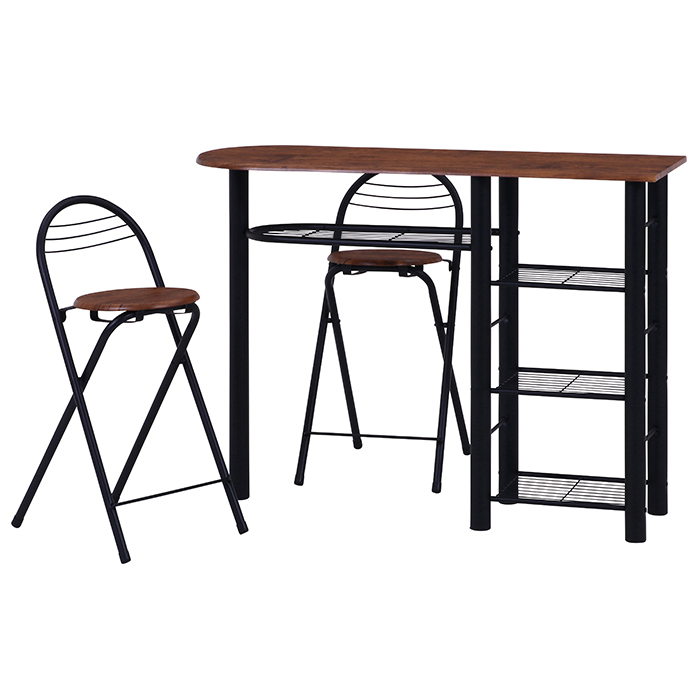カウンターテーブルセット ブラウン 3点 テーブル 折りたたみチェア