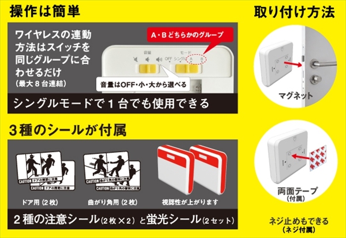衝突防止ライト 2個セット ワイヤレス 連動 光と音 警告 電池式 乾電池 LED ライト 屋内用 衝突回避 ドア 曲がり角 M5-MGKFI00111の画像