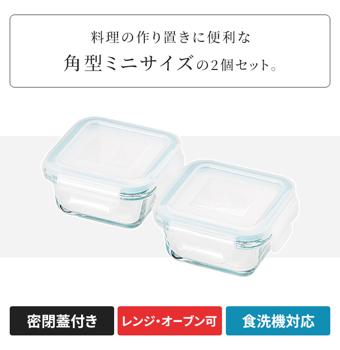 耐熱ガラス 保存容器 2個セット 蓋付き 角型 ミニサイズ ガラス容器