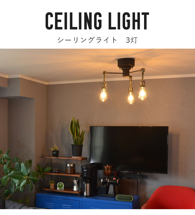 シーリングライト 3灯 LED対応 E26 おしゃれ レトロ 真鍮 ブラック 黒