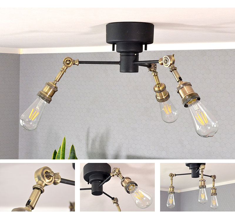 シーリングライト 3灯 LED対応 E26 おしゃれ レトロ 真鍮 ブラック 黒