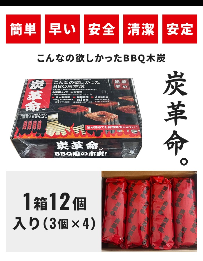 値下げ 着火炭 木炭 バーベキュー用 12個入(3個×4袋) 1箱 着火剤不要