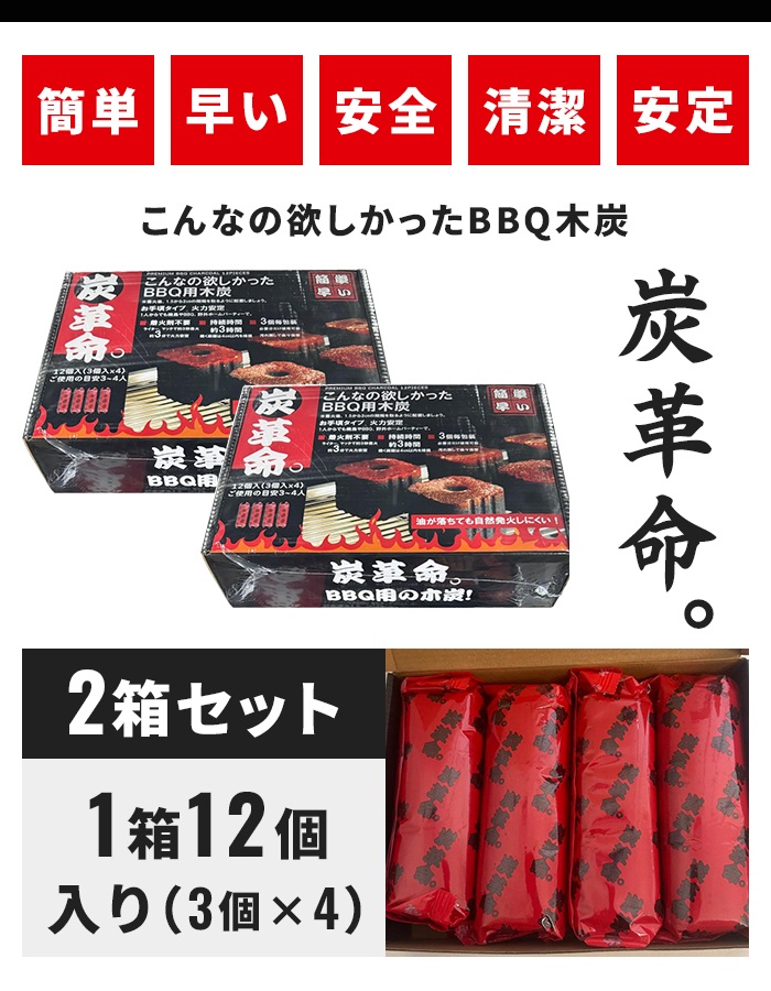 着火炭 木炭 バーベキュー用 12個入(3個×4袋) 2箱セット 着火剤不要