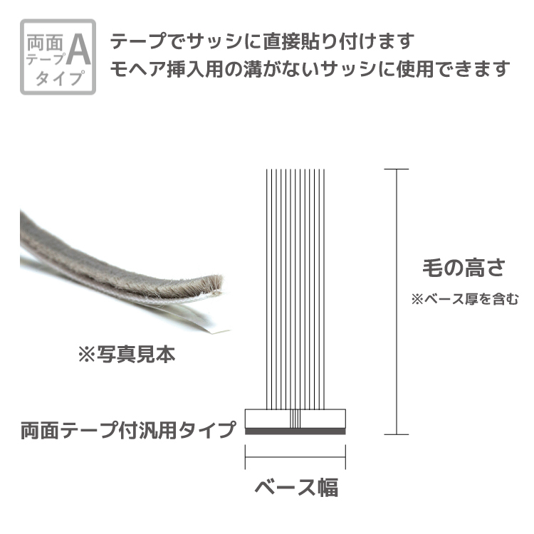 アミド屋の網戸用すき間隠し|モヘア粘着テープ付汎用タイプA60904PGY切売り5m単位材質PP植毛4列グレーベース幅6mm高さ9mm