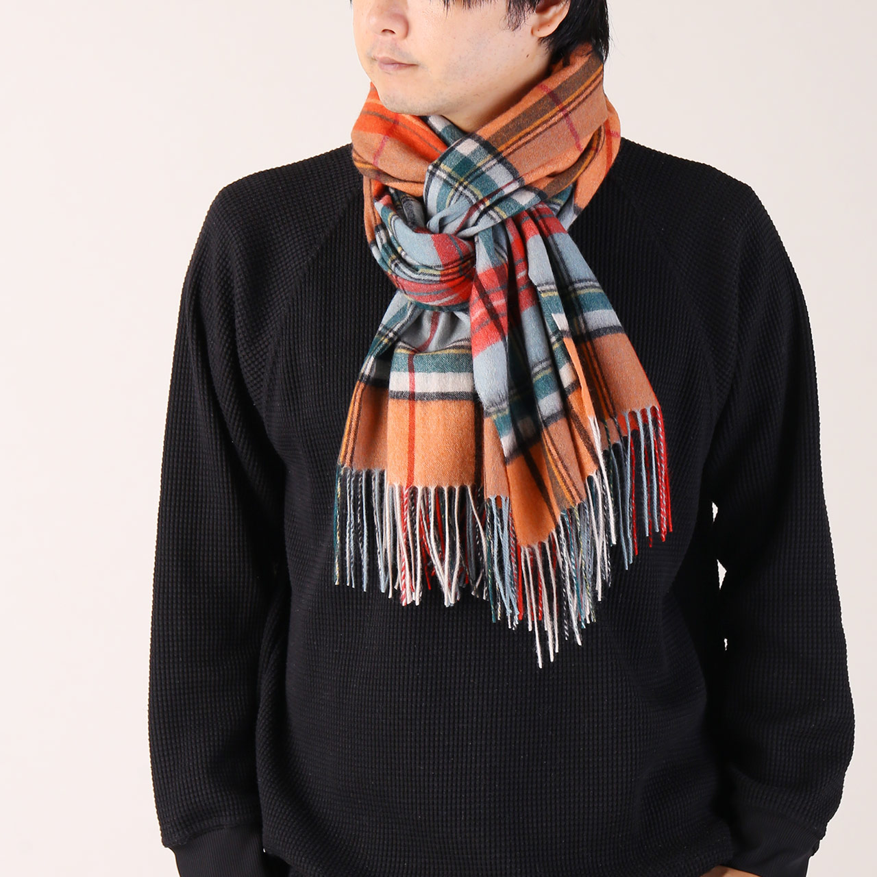 カシミヤ 100% チェック 大判 ストール メンズ 205cm カシミア