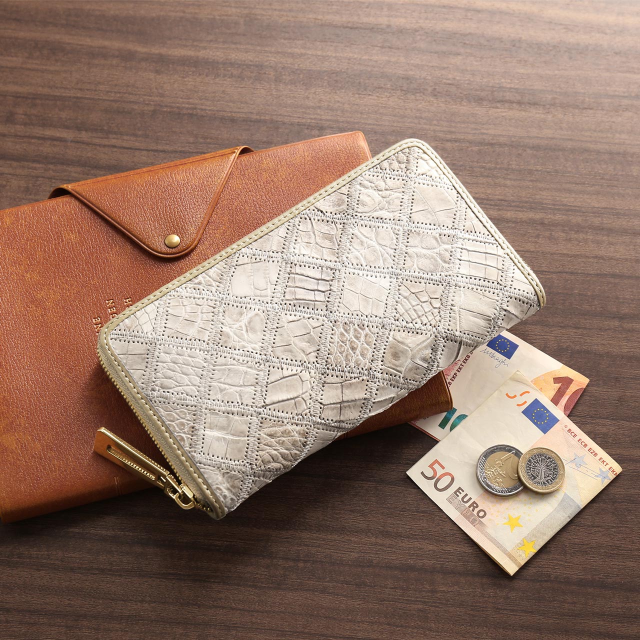 ヒマラヤ クロコダイル メンズ 長財布 ラウンド ファスナー モザイク