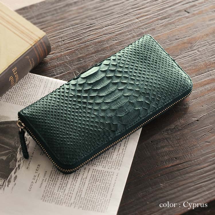 金運UP★ゴダン 深い緑色のダイヤモンドパイソン革Rジッパー折財布8002DGR ダイヤモンド パイソン 長財布 メンズ 一枚革 ラウンドファスナー 多