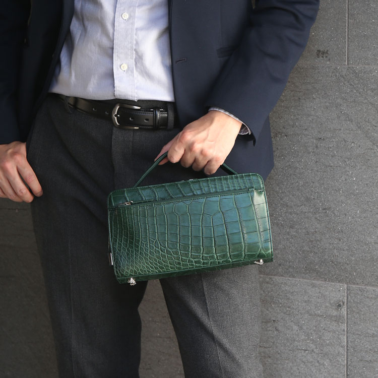 クロコダイル バッグ メンズ セカンドバッグ ダブルファスナー