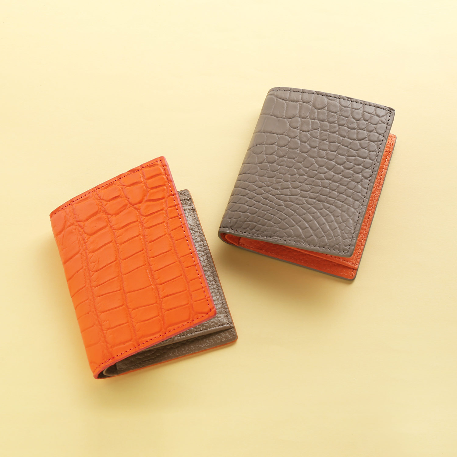 [Xmas値下]クロコダイルレザー 二つ折り財布 オレンジ ※規制対象外 未使用 クロコダイル メンズ 折り財布 本革 バイカラー 二つ折り財布 小銭入れ
