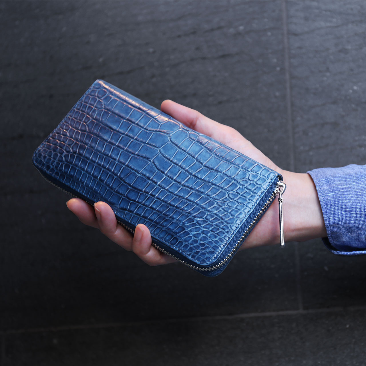 藍染 ポロサス 財布 メンズ スモール クロコダイル 長財布 日本製