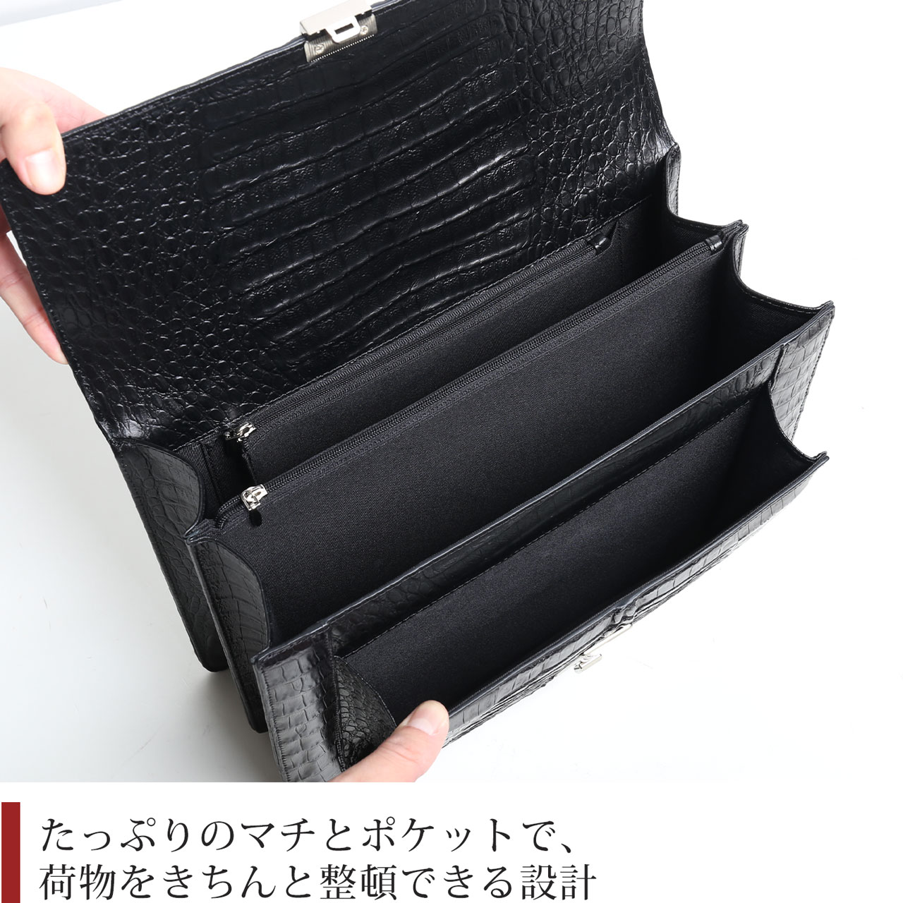 カイマン 牛革 型押し 鍵付き メンズ ビジネス ハンドバッグ ダイヤル