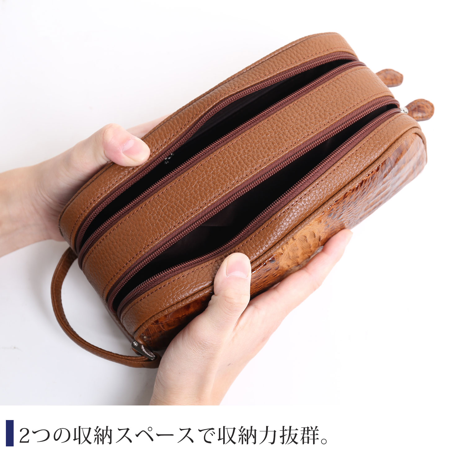 カイマン 牛革 ダブルファスナー セカンド バッグ メンズ クラッチ 革