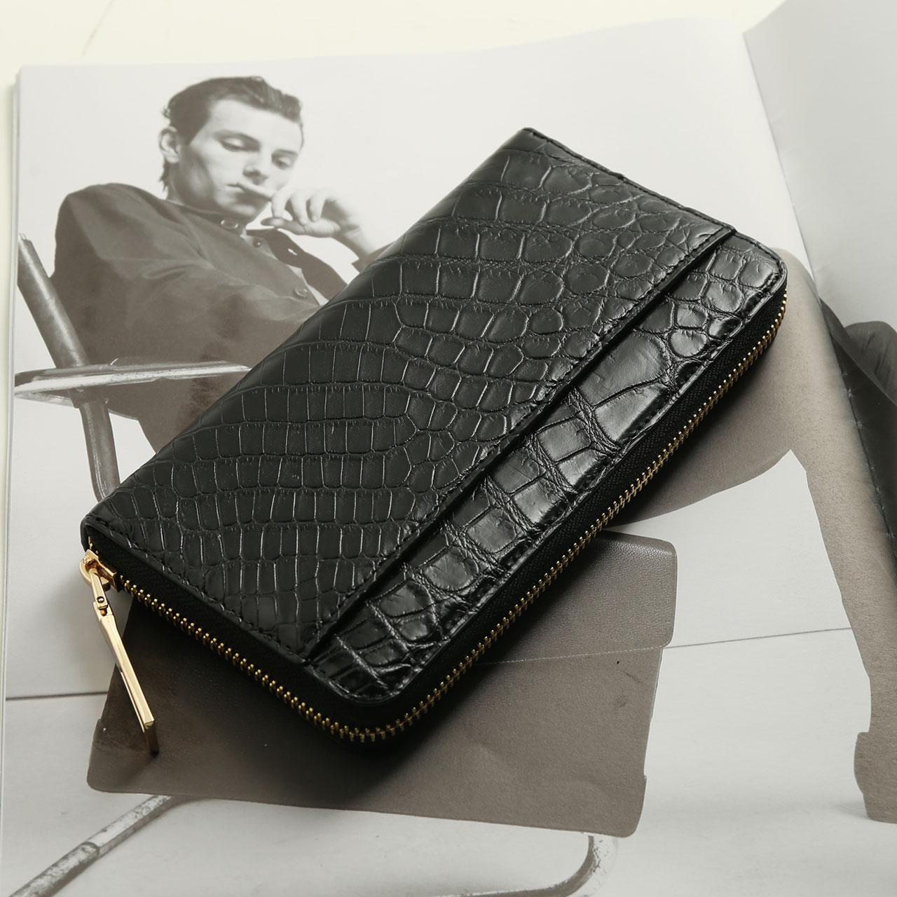 クロコダイル 長財布 メンズ マット加工 ラウンドファスナー 財布