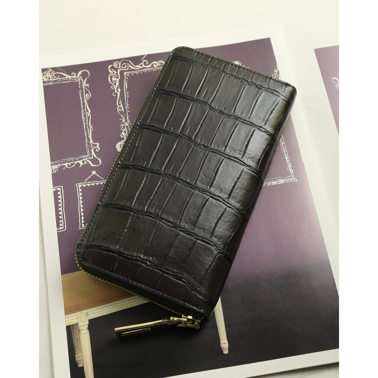 クロコダイル 長財布 メンズ マット加工 ラウンドファスナー 財布