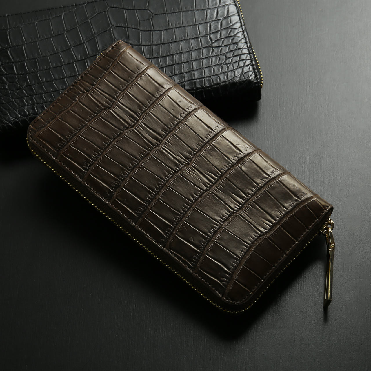 クロコダイル 長財布 メンズ マット加工 ラウンドファスナー 財布
