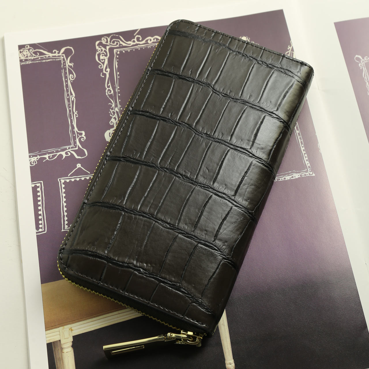 クロコダイル 長財布 メンズ マット加工 ラウンドファスナー 財布