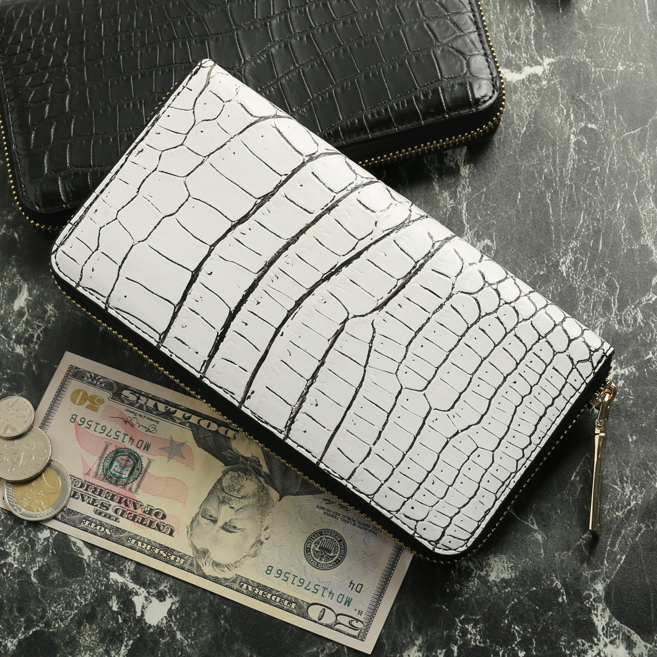 クロコダイル 長財布 メンズ マット加工 ラウンドファスナー 財布