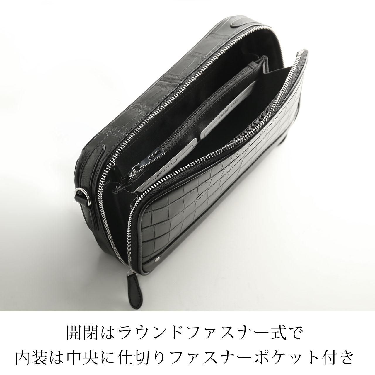 アニアリ　ボディバッグ　ショルダー　ダブルファスナー　クロコ　型押し　ブラック クロコダイル 2way ボディバッグ メンズ バッグ セカンドバッグ ミニ