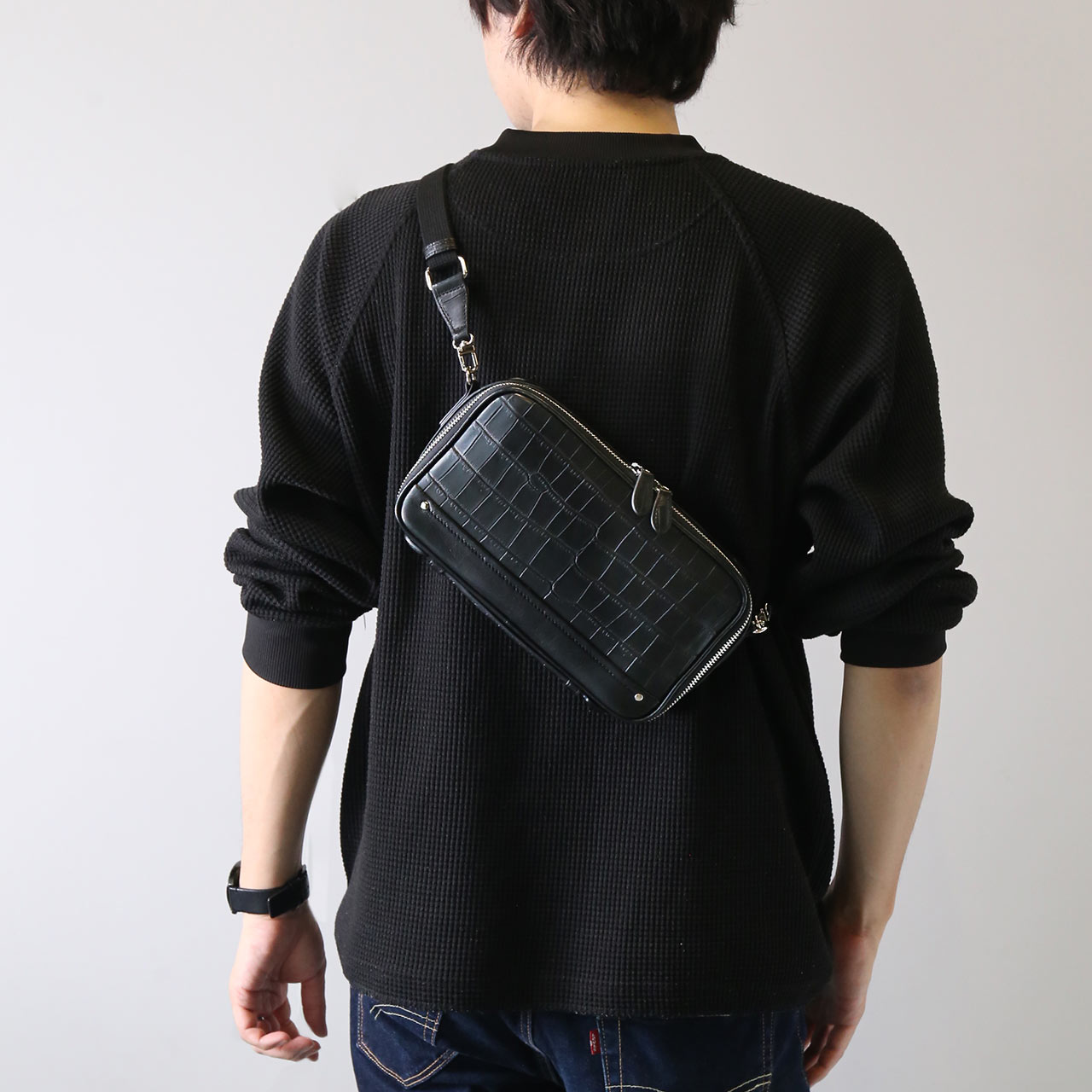 クロコ調2way バッグ  ブラック クロコダイル 2way ボディバッグ メンズ バッグ セカンドバッグ ミニ