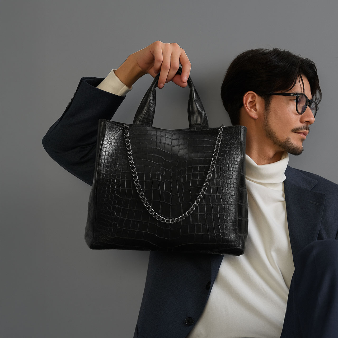 スモール クロコダイル メンズ トートバッグ チェーン付き 日本製