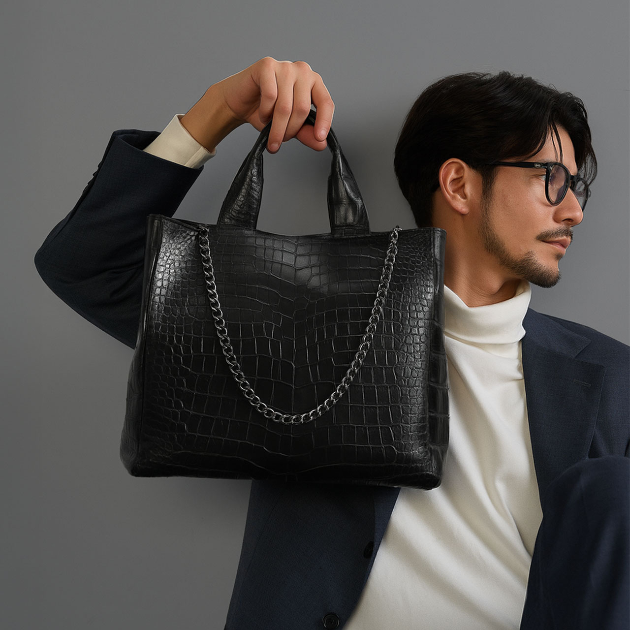 スモール クロコダイル メンズ トートバッグ チェーン付き 日本製