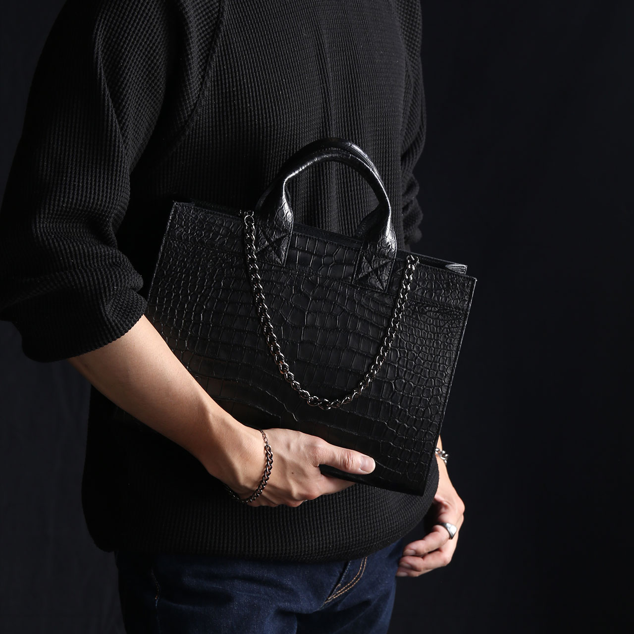 スモール クロコダイル メンズ トートバッグ チェーン付き 日本製 B5