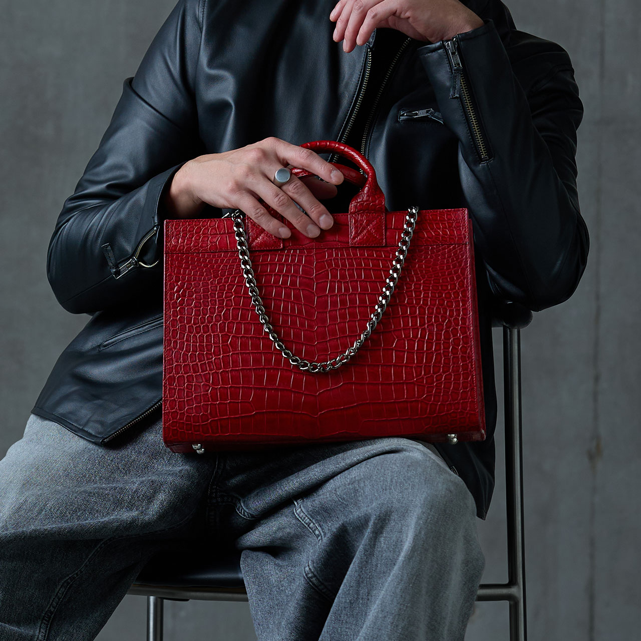 スモール クロコダイル メンズ トートバッグ チェーン付き 日本製 B5