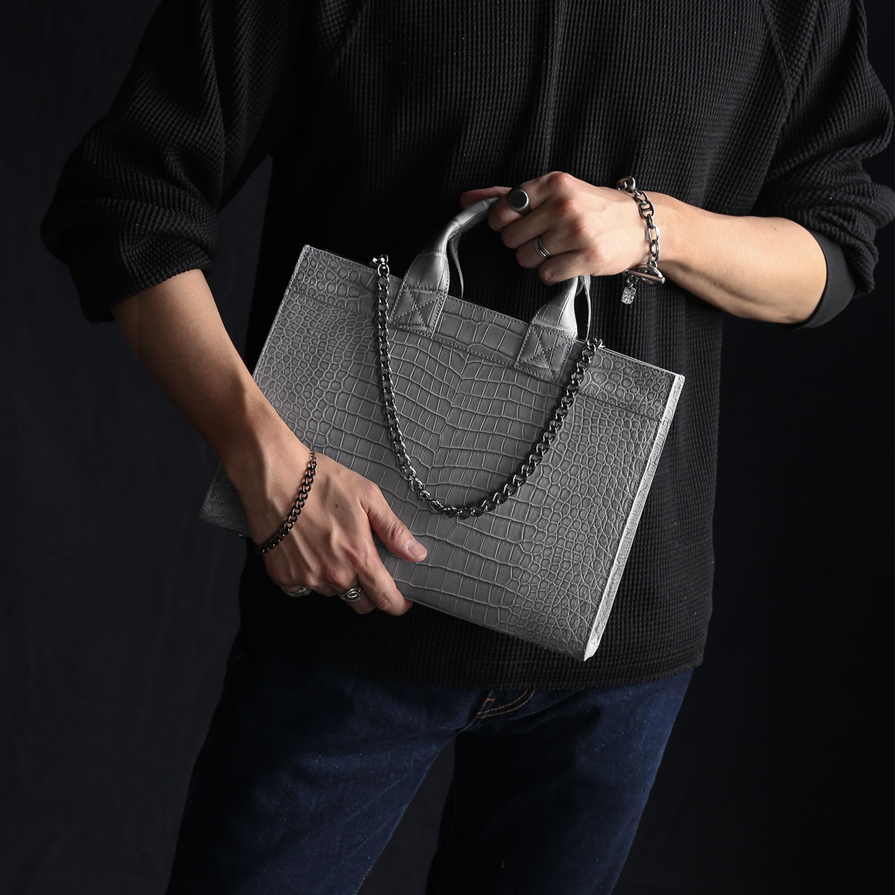 スモール クロコダイル メンズ トートバッグ チェーン付き 日本製 B5