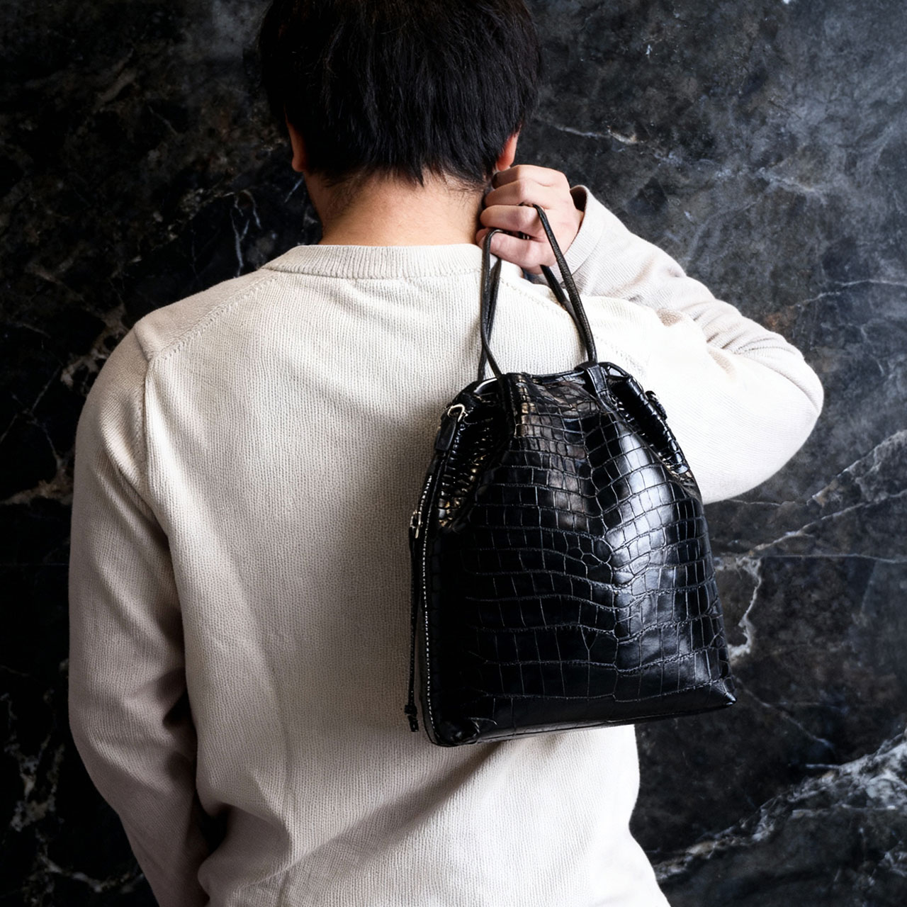 クロコダイル 巾着バッグ メンズ マット 加工 ナイルクロコダイル