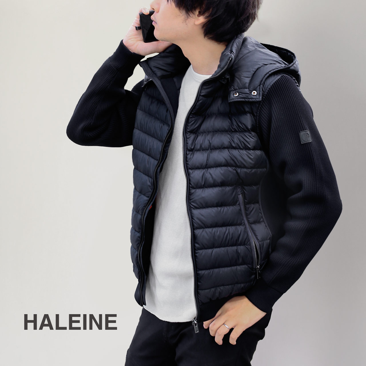 爆買 HALEINE ダウンジャケット メンズ フード付き アーム ニット デザイン ダウンアウター 中綿 真冬 暖かい プレゼント ギフト 6F(08000331r) | HALEINE