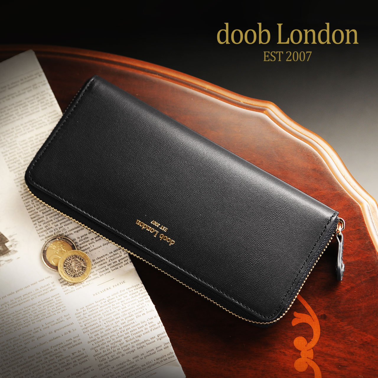 財布 メンズ 長財布 本革 ラウンドファスナー ゴート 【名入れ 可能】doob London ブラック ゴールド ファスナー ゴート レザー 薄型 ブランド 誕生日 ギフト プレゼント(09000070r) doob London（ドゥーブロンドン） 財布 メンズ 長財布 本革 ラウンド