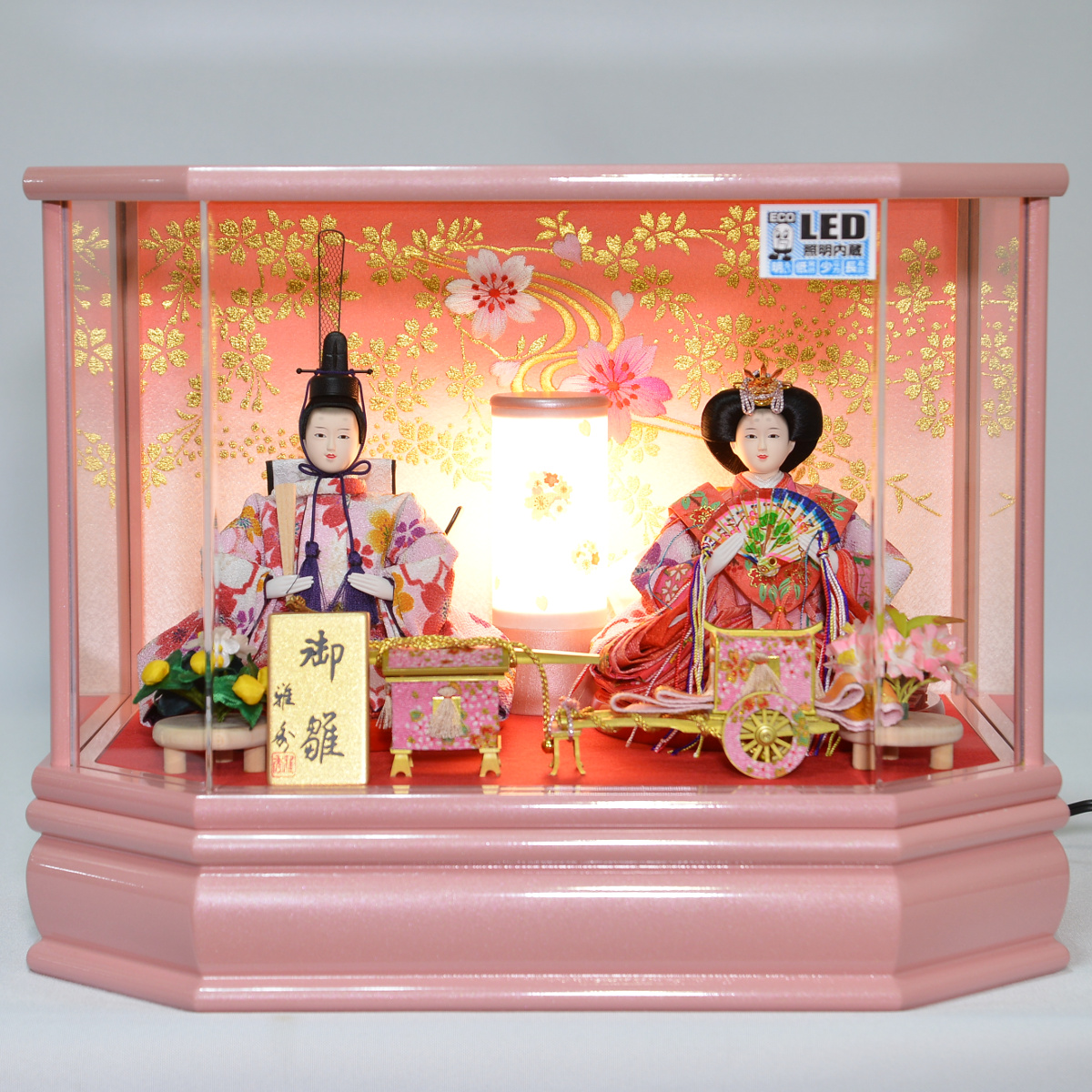 雛人形 ケース飾り 親王飾り ピンク 前面アクリルケース 小芥子親王