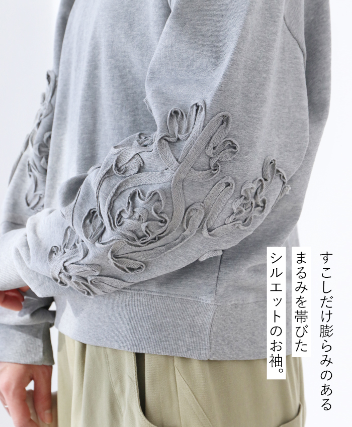 ループで描く 花模様トレーナー 長袖 トップス トレーナー sanpo b13693jb 体型カバー ショート丈 グレー 灰色 スウェット sanpo kuschel ループで描く 花模様トレーナー 長袖 トップス