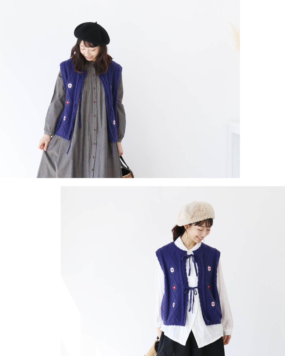 sanpo kuschel ぽつりぽつり花刺繍前開きベスト 返品交換送料