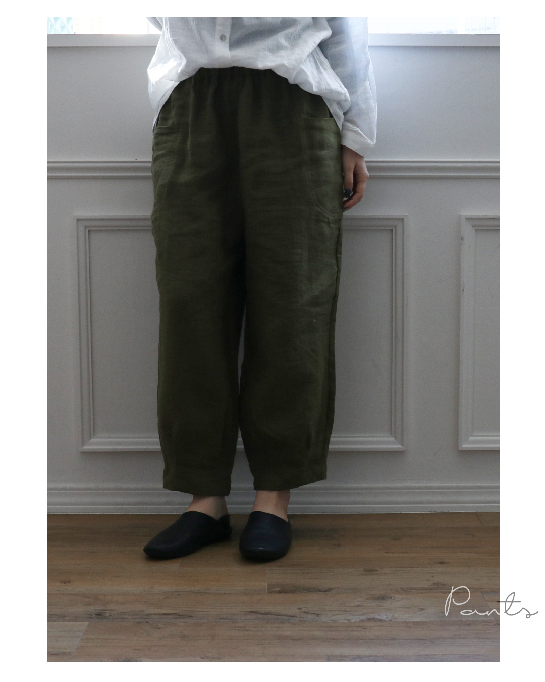 洗練されたリネンパンツ パンツ リネン 麻 ウエストゴム カーキ アース 洗練されたリネンパンツ パンツ リネン 麻 ウエストゴム カーキ アース